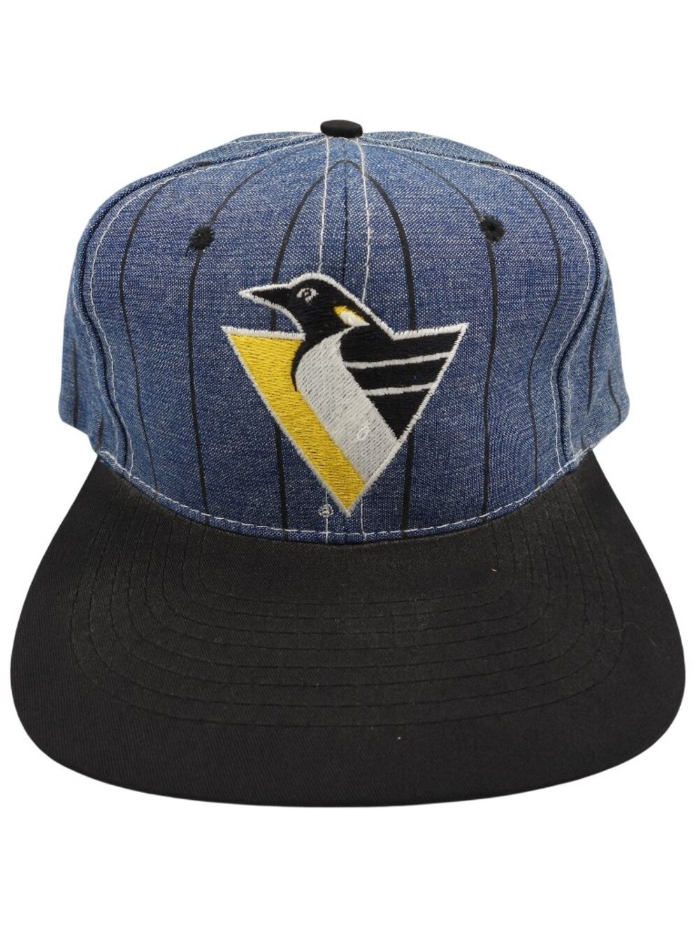 Vintage 1990s Pittsburgh Penguins AJD Denim Pin Stripe Snapback Hat Cap